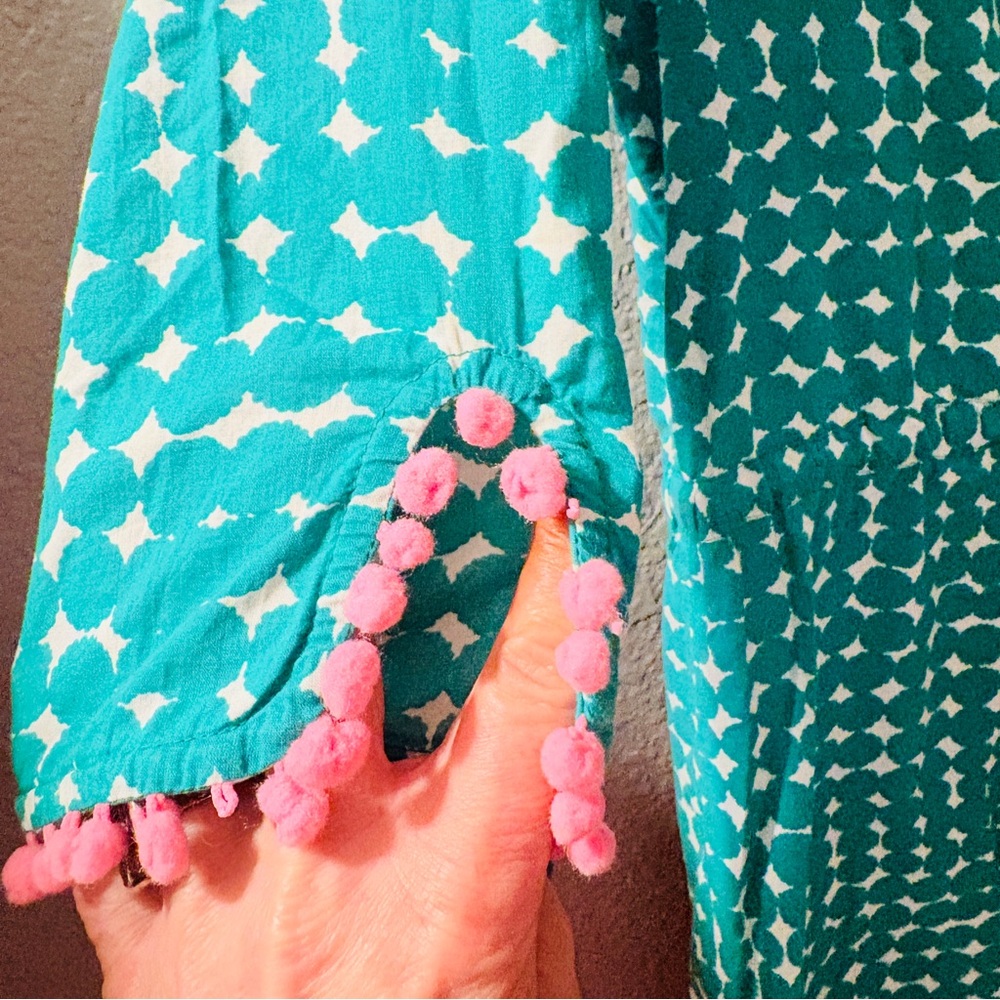Boden Kelly Green & White Printed Tie-Waist 3/4 Sleeve Dress with Pink Pom Trim - Picture 5 of 13